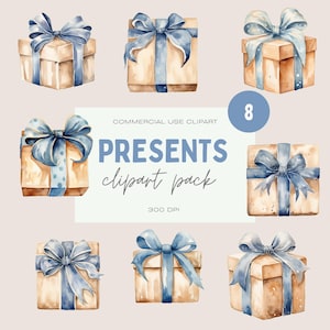 Blue & Beige Presents Clipart, Watercolor Clipart for Commercial Use, Transparent PNGs, Christmas Present Clipart, Birthday Present Clipart