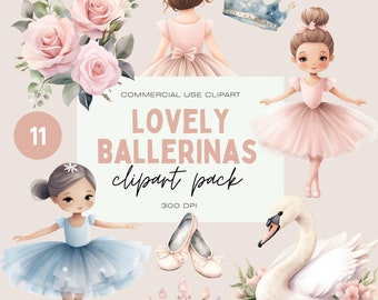 May include: A set of 11 digital clipart images featuring ballerinas, crowns, swans, and flowers. The images are in a watercolor style and are perfect for creating invitations, cards, and other crafts.