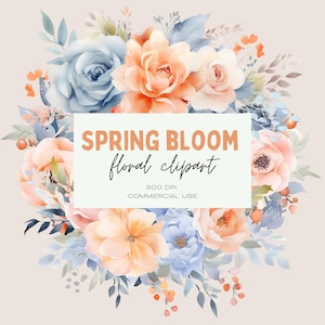 Frühlingsblumen Clipart-Pack, kommerzielle Nutzung, Neutraler Blumenkranz, transparente PNGs, Hochzeit Botanicals, Blush Pink, Staubblaue Blumen