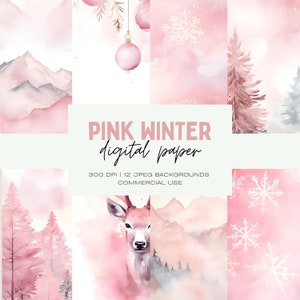 Papel digital de invierno rosa, papel de álbum de recortes imprimible, páginas de diario basura, adornos, uso comercial, fondos navideños de acuarela rosa