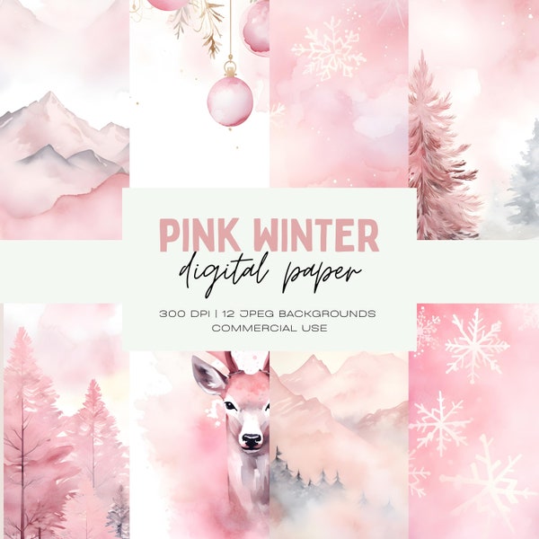 Pink Winter Digital Paper, Printable Scrapbook Paper, Junk Journal Pages, Ornaments, Commercial Use, Pink Watercolor Christmas Backgrounds