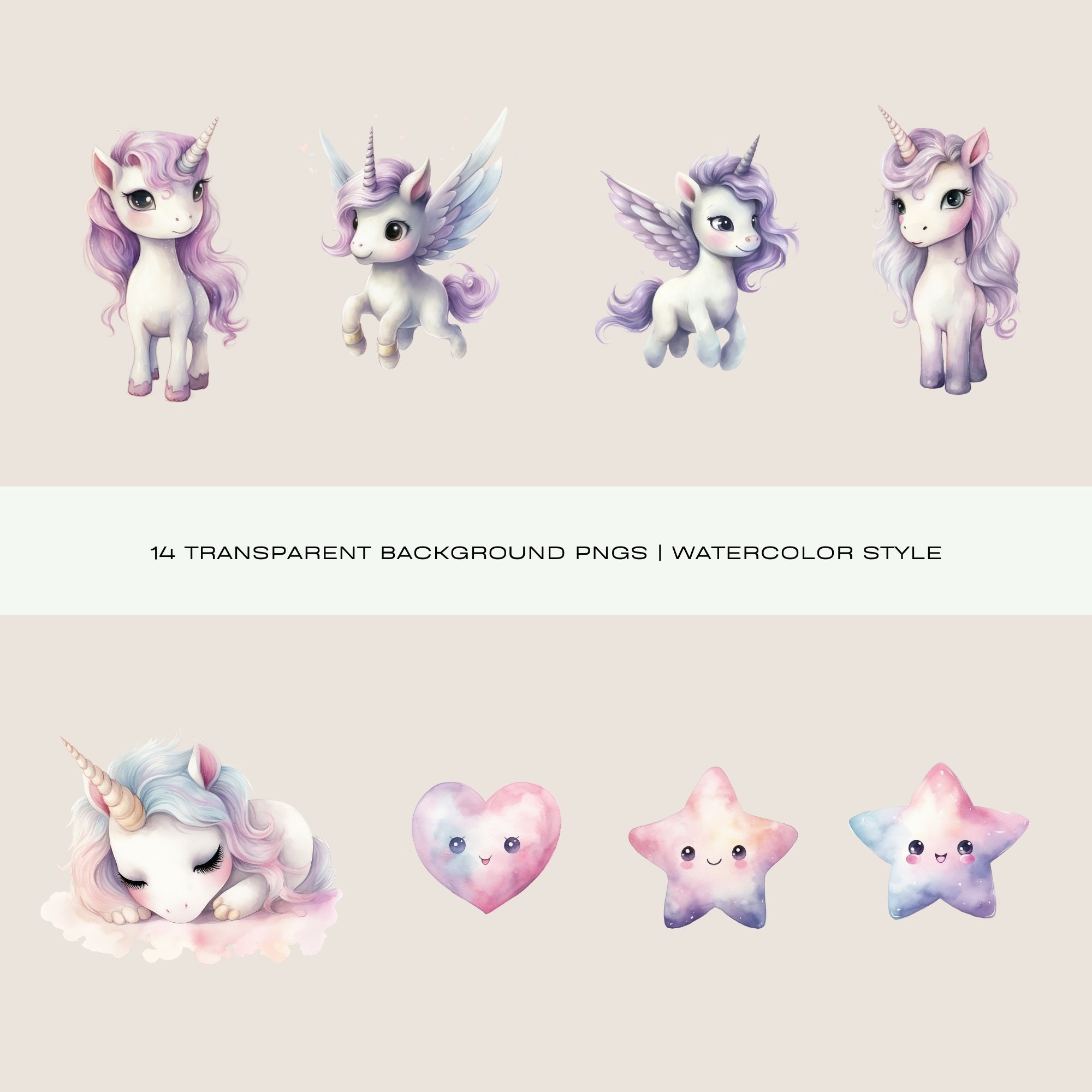Cute Unicorn Clipart Pack, Watercolor Pastel Unicorns, Commercial Use ...