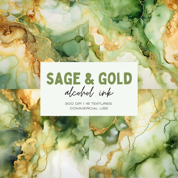 Sage Green & Gold Liquid Ink Digital Paper, Printable Scrapbook, Alcohol Ink, Texture Backgrounds, Junk Journal, Commercial Use JPEG