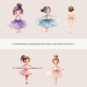 Puede incluir: Cuatro ilustraciones de bailarinas en varias poses. Las bailarinas llevan tut&uacute;s en tonos de rosa, morado y azul. Las bailarinas tienen el pelo casta&ntilde;o y llevan zapatos rosas.