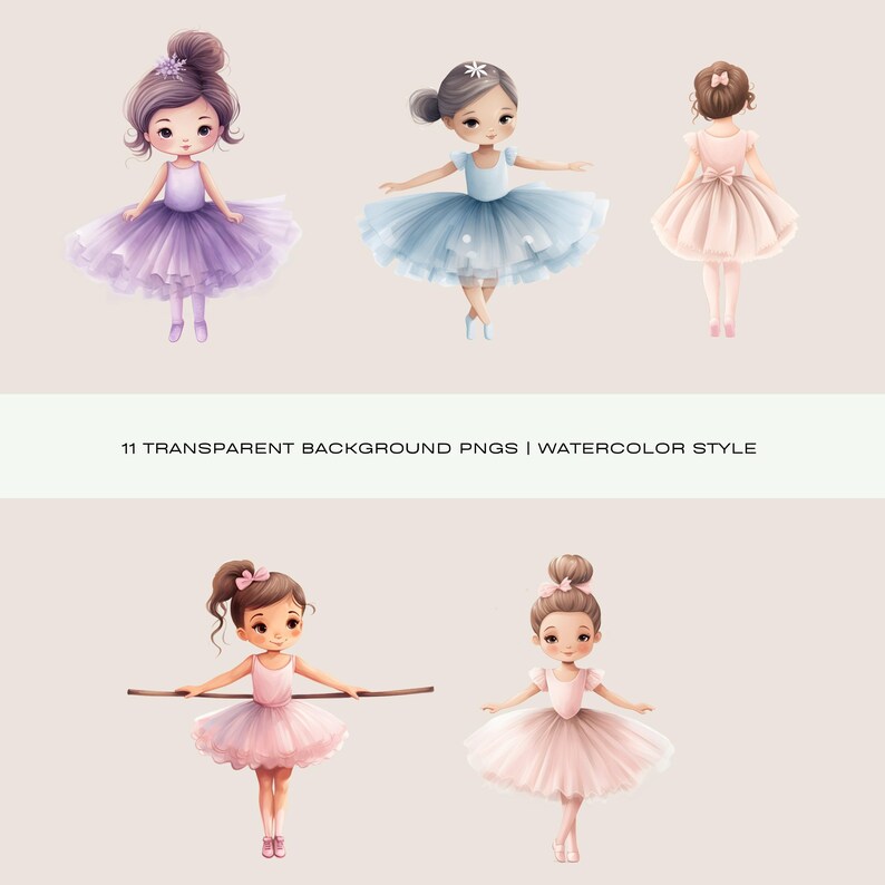 Puede incluir: Cuatro ilustraciones de bailarinas en varias poses. Las bailarinas llevan tut&uacute;s en tonos de rosa, morado y azul. Las bailarinas tienen el pelo casta&ntilde;o y llevan zapatos rosas.