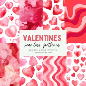 Valentijnsdag naadloze patronen, hartachtergronden, commercieel gebruik JPEG, cadeauverpakking, digitaal plakboekpapier, ongewenste dagboekpagina's, roze rood