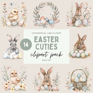 Paquete de imágenes prediseñadas de Cuties de Pascua, animales de Pascua pastel de acuarela, PNG transparentes de uso comercial, corona floral de huevo de Pascua, conejito de Pascua, pollito