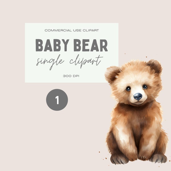 Baby Bear Watercolor Clipart, Single Image File, Transparent PNG, Commercial Use Pack, Cute Neutral Baby Shower Graphic, Woodland Animals