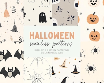 Pode incluir: Oito padrões sem costura temáticos de Halloween com fantasmas, morcegos, abóboras, aranhas, chapéus de bruxa, vassouras, caveiras e estrelas em um fundo branco e bege. 300 DPI | 8 padrões JPEG | Uso comercial