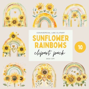 Watercolor Sunflower Rainbows Clipart Pack, Golden Floral Rainbow Bundle, Commercial Use Transparent PNGs, Bright Girly Wall Art Graphics