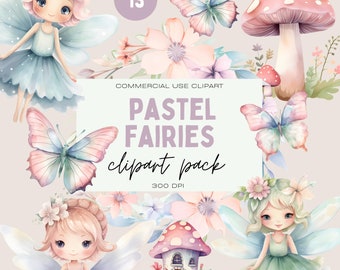 Paquete de imágenes prediseñadas de hadas en tonos pastel, conjunto de jardín de hadas en acuarela para invitaciones, archivos PNG transparentes para uso comercial.