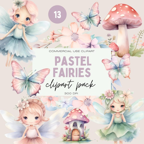 Pack de cliparts fées pastel, jardin féerique aquarelle, usage commercial, PNG transparents, clipart fée enchantée, mignons papillons fantaisistes