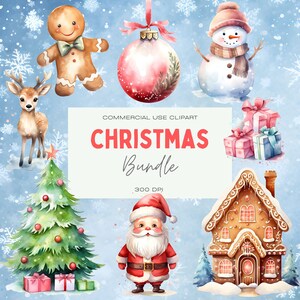 Christmas Clipart Bundle Watercolor, Clipart for Commercial Use, Transparent PNG, Christmas Theme Clipart, Holiday Characters Clipart