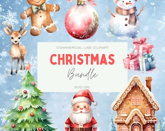 Christmas Clipart Bundle Watercolor, Clipart for Commercial Use, Transparent PNG, Christmas Theme Clipart, Holiday Characters Clipart