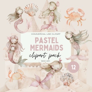 Pack de clipart sirène pastel, sirènes bohèmes neutres aquarelles, usages commerciaux PNG transparents, crabes fantaisistes, châteaux de sable, coquillages