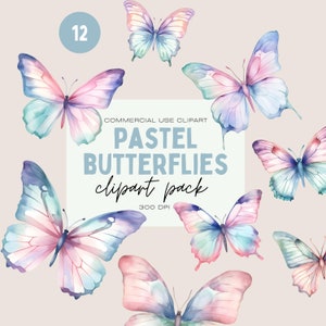 Pacote de clipart de borboletas pastel, borboleta aquarela, clipart de uso comercial, PNGs transparentes, rosa, azul, gráficos de borboleta roxa