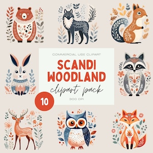 Scandi Woodland Animals Clipart Pack, Boho Folk Art Bundle, Commercieel Gebruik Transparante PNGs, Grillige Bosdieren, Beer, Hert, Konijn
