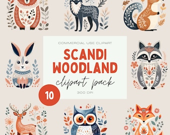 Imágenes prediseñadas de animales del bosque escandinavo: paquete PNG de arte folclórico bohemio (uso comercial)