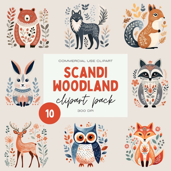 Scandi Woodland Animals Clipart Pack, Boho Folk Art Bundle, Commercial Use Transparent PNGs, Whimsical Forest Animals, Bear, Deer, Rabbit