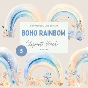 Aquarelle Neutre Rainbows Clipart, Commercial Use Clipart, Transparent PNGs, Boho Rainbow Clipart, Blue &Beige Rainbows, Floral Rainbows