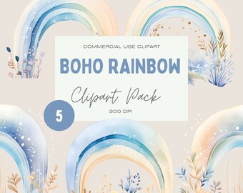 Watercolor Boho Rainbow Clipart, Floral PNGs (Commercial Use)