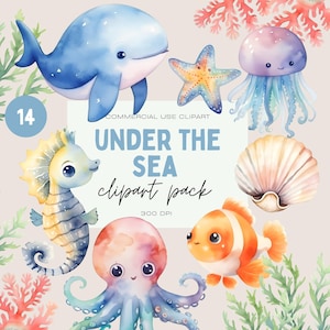Watercolor Under The Sea Clipart Pack, Underwater Animals, Commercial Use Transparent PNGs, Sea Creature Bundle, Whale, Dolphin, Clownfish