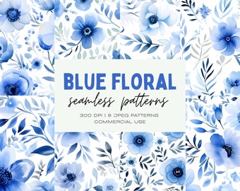 Blue Floral Watercolor Seamless Pattern Pack, Flower Backgrounds, Commercial Use JPEG, Gift Wrapping, Digital Scrapbook Paper, Junk Journal