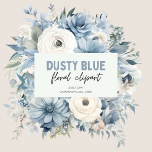 Dusty Blue Floral Clipart Pack, kommerzielle Nutzung, Neutraler Blumenkranz, transparente PNGs, Hochzeit Botanicals, weiße und staubblaue Blumen