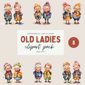 Pacchetto di clipart divertenti per vecchie signore, PNG trasparente dell'acquerello della nonna, pacchetto grafico della casa di cura, piccole vecchie signore, nonni Cartoon Art