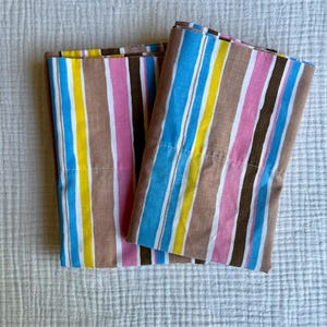 2pc Vintage Colorful Striped Pillowcases | 1950s 1960s 1970s Pink Brown Blue Yellow Kitsch Linen Bedding Sears