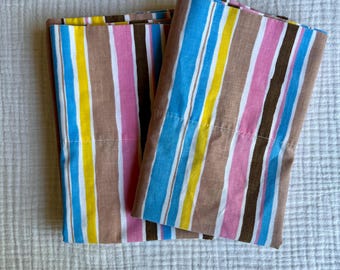 2pc Vintage Colorful Striped Pillowcases | 1950s 1960s 1970s Pink Brown Blue Yellow Kitsch Linen Bedding Sears
