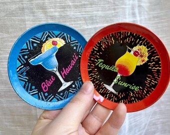 Pair of Vintage Tin Coasters | Barware Bar Cart Groovy Funky 1980s Cocktails