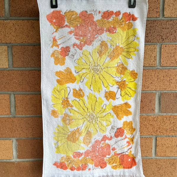 Vintage Vera Neumann for Cannon Dish Towel | 1960s 1970s Boho Hippie Flower Power Floral Orange Yellow