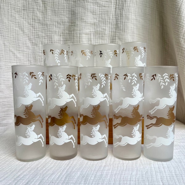 Libbey Cavalcade Glasses | Gold and White Collins Highball Barware MCM 1950s Horses
