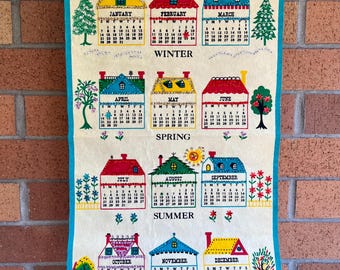 1968 Sequined Felt Wall Calendar | Seasons Groovy Mod Flower Power Winter Spring Summer Autumn 1960s