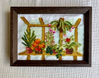 Vintage Tulle Crewel | Greenhouse Porch Garden Flowers Plants Needlework Cross-stitch 1970s Handmade Cottagecore Country Home