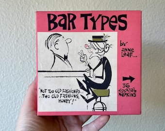 Ensemble complet de serviettes à cocktail « Types de bar » par Anne Leaf | Kitsch des années 1960, nouveauté, humour coquin, accessoires de bar, chariot de bar, illustration de dessin animé