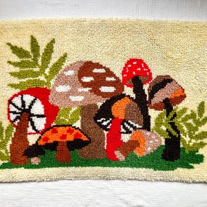 Large Vintage Mushroom Latch Hook Rug | 1970s Groovy Funky Psychedelic Handmade