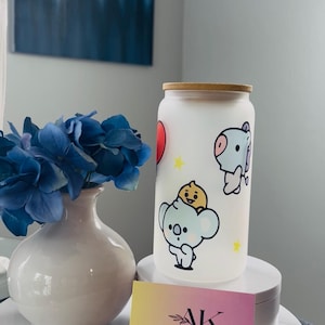 BT21 16oz oz Glass cup, 16oz Frosted Glass can BTS Characters , K-pop Glass cup with lid and straw, perfect gift