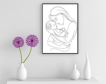 Mother and Baby Line Art Print: Minimalist Nursery Decor (Digital Download)