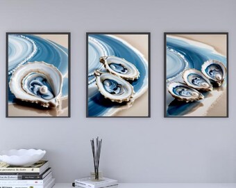Oyster Wall Art Print Set of 3: Coastal Beige & Blue (Digital Download)