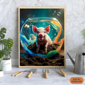 Whimsical Piglet Fishbowl Print: Playful Nursery Wall Art (PDF & JPG Download