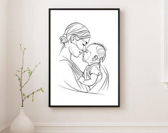 Mother and Baby Line Art Print: Minimalist Nursery Decor (Digital Download)