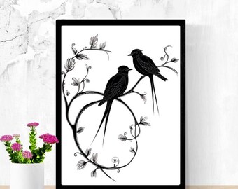 Birds on Branch Line Art Print – Minimalist Black and White (Digital Download)