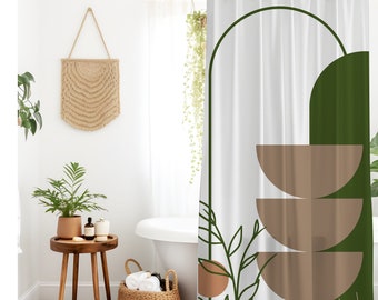 Cortina de ducha abstracta verde y dorada estilo boho, decoración boho para el hogar, baño boho, linda cortina de ducha boho, decoración minimalista para el hogar