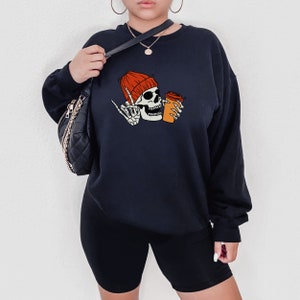 Rock on Skull, Coffee Lover Crewneck sweater, chic comfy hoodie with spine print, cute fall Halloween sweatshirt, coffee addict lover gift