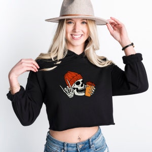 Rock on Skull, Coffee Lover Crop chic comfy hoodie with spine print, cute fall Halloween sweatshirt, coffee addict lover gift