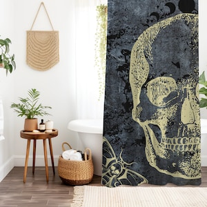 Cortina de ducha de mariposa y abeja de calavera grunge, baño emo punk rock, decoraciones de decoración de Halloween, cortina de ducha atrevida, baño negro