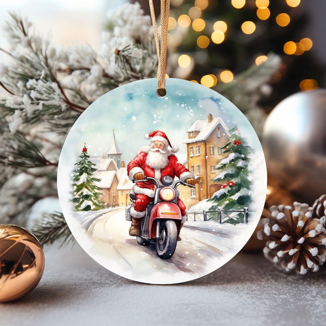 Santa on A Motorbike Christmas Ornament Round Ceramic Etsy