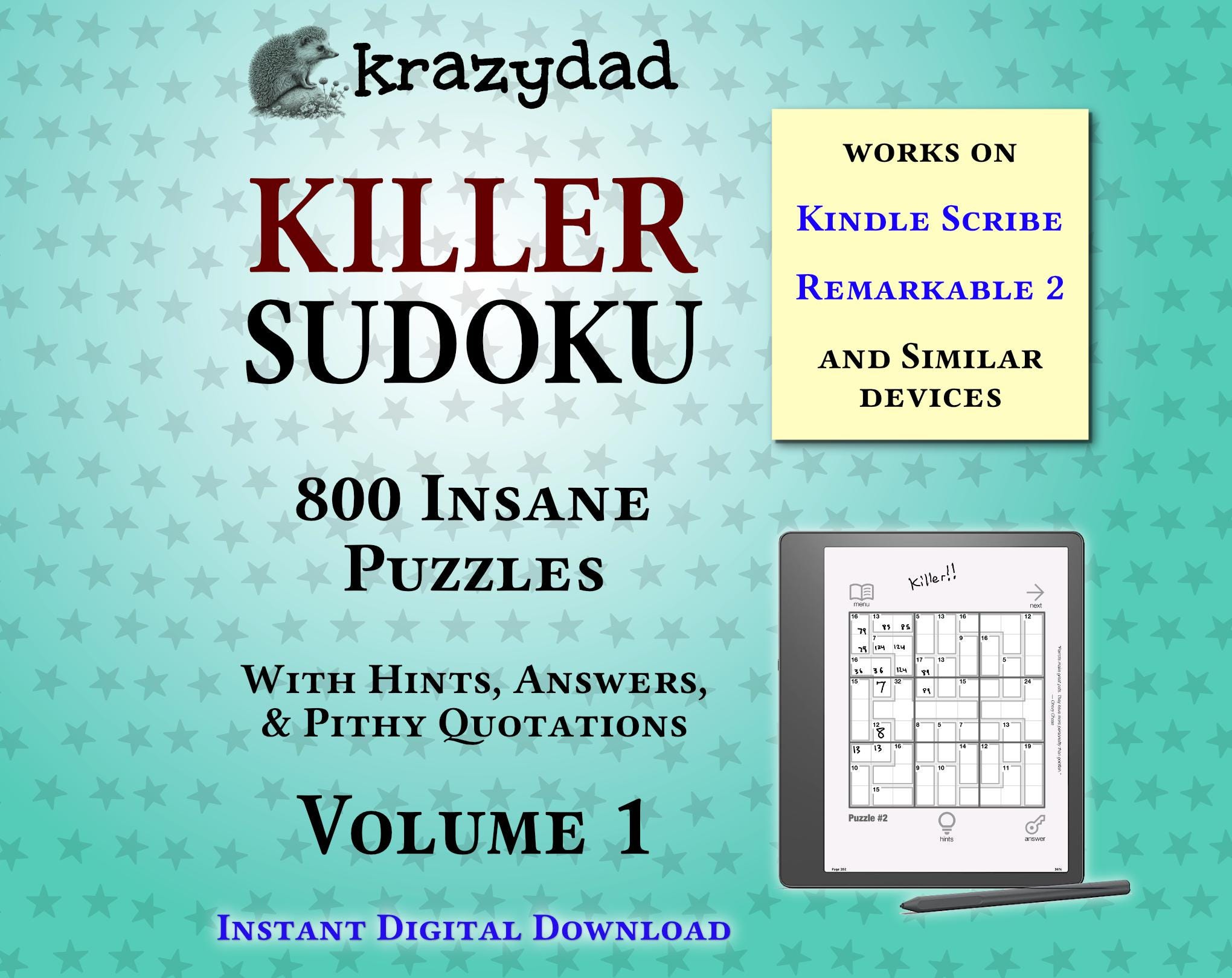 Krazydad Killer Sudoku, INSANE Volume 1: 800 Sudoku Puzzles for Kindle Scribe or Remarkable 2